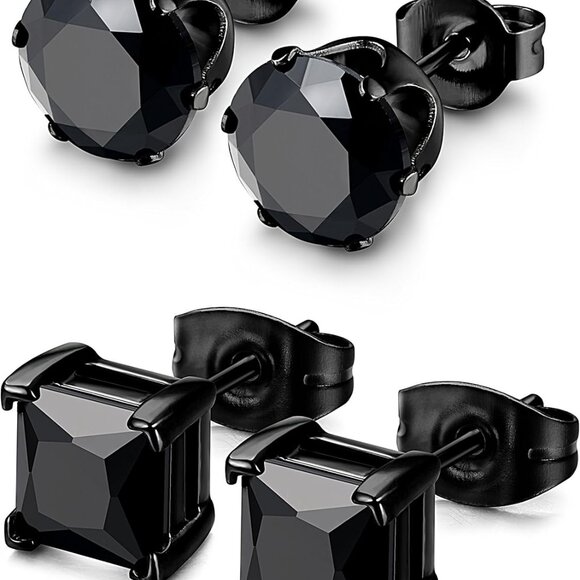 2 Pairs Hypoallergenic CZ Black Stud Earrings - Elegant 316L Steel Design - Picture 1 of 8